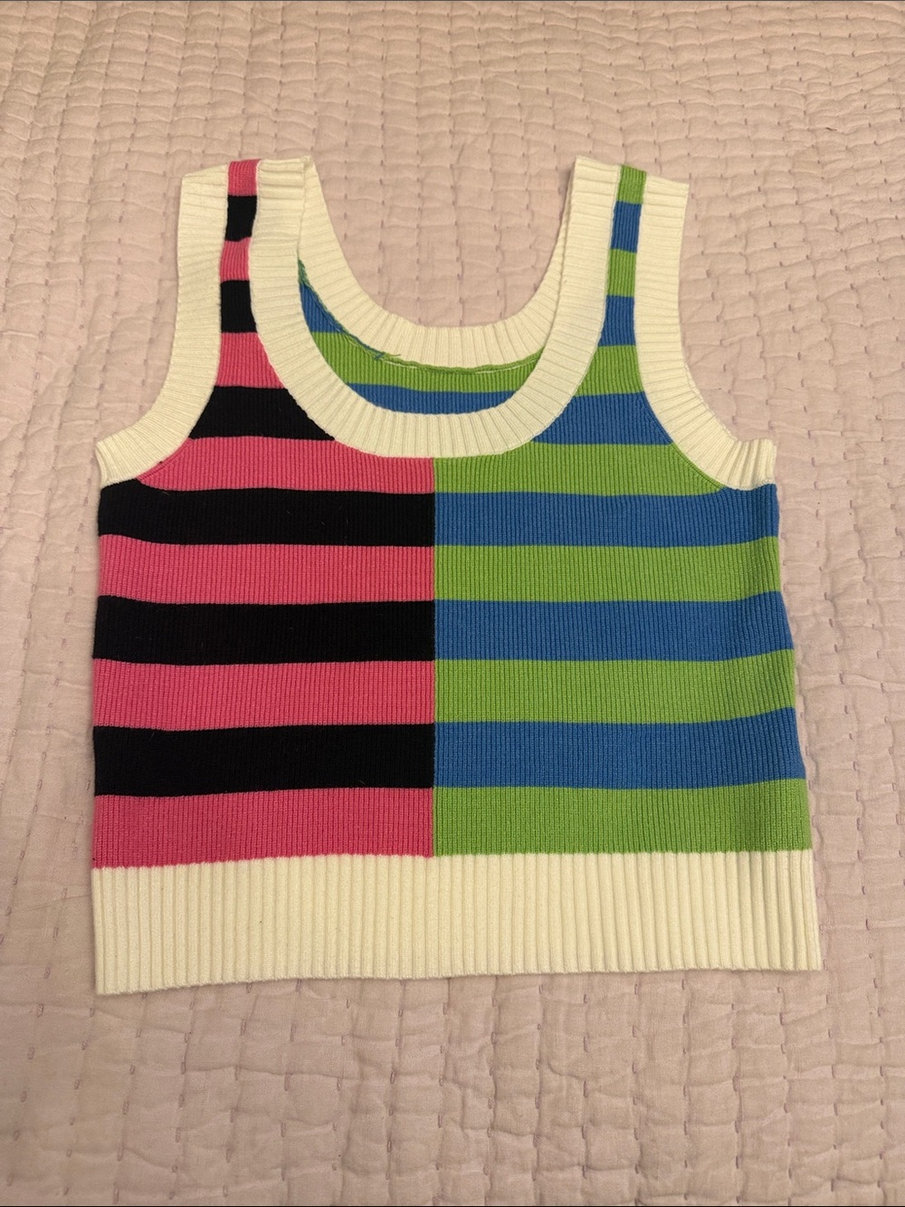 Colorblock Striped Ribbed V-Neck Tank Sweater - Pink, Black, Blue, Green